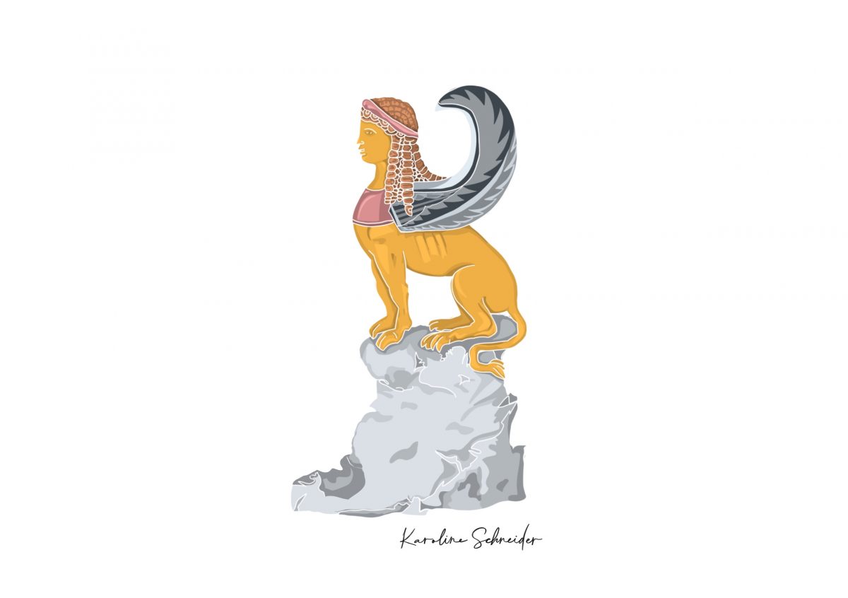 Die Sphinx von Theben ist eine Löwin mit einem Schlangenschwanz und Flügel. Außerdem hat sie einen Frauenkopf.